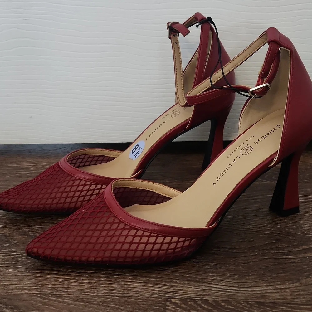 NEW Chinese Laundry Pointed Mesh Toe Ankle Strap Red Heels, size 8.5